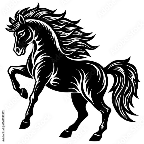 Black stallion prancing with flowing mane isolated on white background