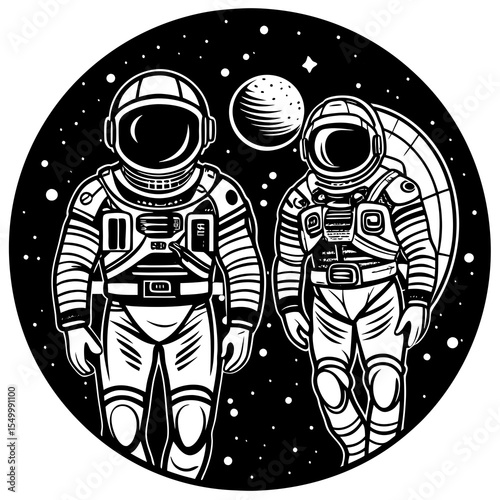Two astronauts in space suits with moon and satellite in space