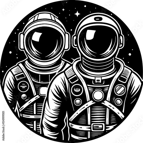Two astronauts stand ready for a space mission among the stars