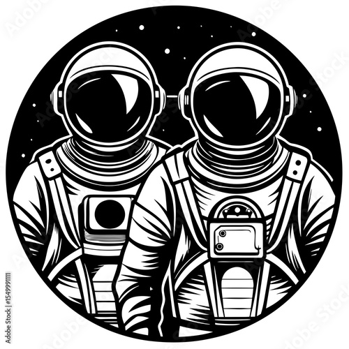 Two astronauts in space suits surrounded by stars in outer space
