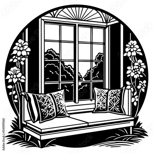 Window seat with pillows overlooking garden isolated on white background
