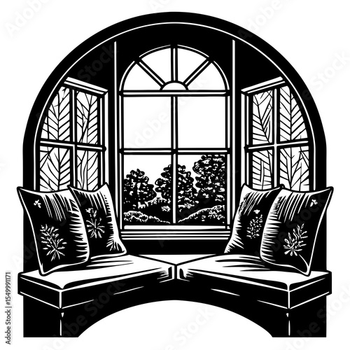Arched window seat with pillows overlooking trees isolated on white background