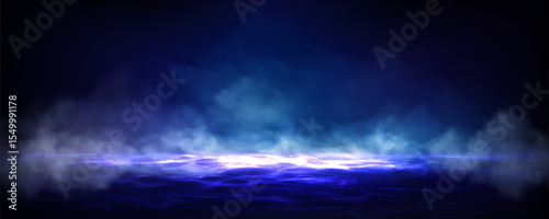 Atmospheric smoke fog over water scene. Realistic mystical mist rising from dark ocean surface with dramatic lighting effects for fantasy landscapes, mysterious ambiance background or stage design.