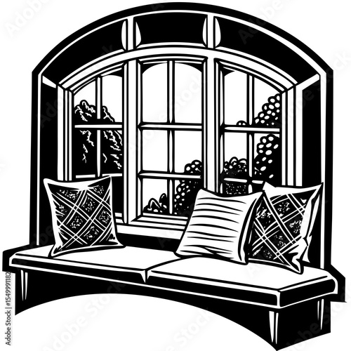 Arched window seat with pillows overlooking garden isolated on white background