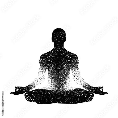 a black silhouette of a man sitting in a lotus position doing yoga black, man, person, silhouette, sit, star, textured, yoga , Generative art.