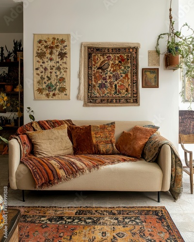 Cozy Living Room Interior with Vintage Decor: A warmly lit living room with a vintage rug, sofa and tapestry creates a space that feels comfortable, elegant, and aesthetically pleasing.