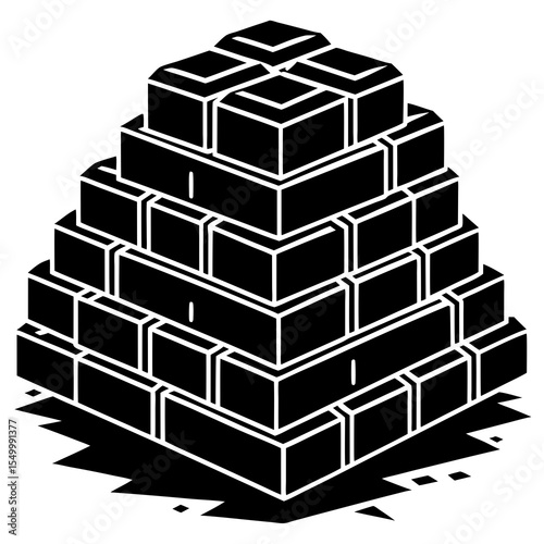 Pyramid of stacked blocks isolated on white background in black and white