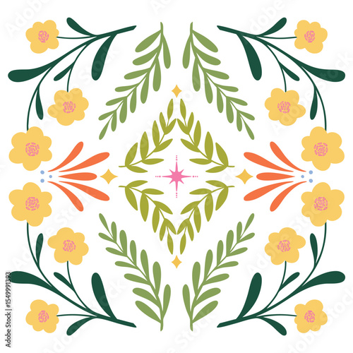 symmetrical floral folk pattern with yellow flowers and leaves 