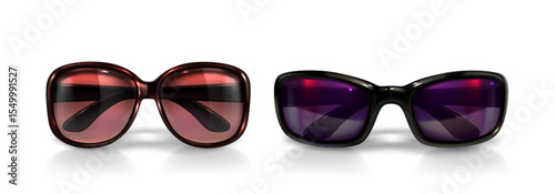 Stylish eyewear collection with modern 3d sunglasses - oversized frames and tinted lenses for summer protection. Fashion accessories with rectangular designs casting shadows on white background.
