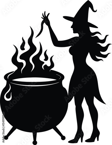 Witch cauldron boiling with magical potion and bubbling steam effects silhouette vector

