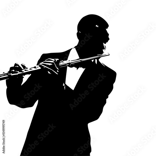 a black and white silhouette of a man playing a flute black, flute, man, play, silhouette, suit , Generative art.