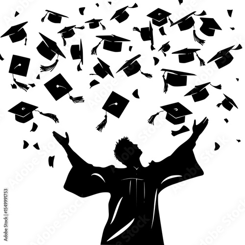 silhouette of a man throwing his cap into the air after graduation boy, cap, graduate, graduation, hat, man, silhouette, student, throw , Generative art.