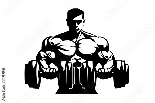 a black and white illustration of a man holding dumbbells black, dumbbell, hold, illustration, man, muscle, silhouette, strong , Generative art.