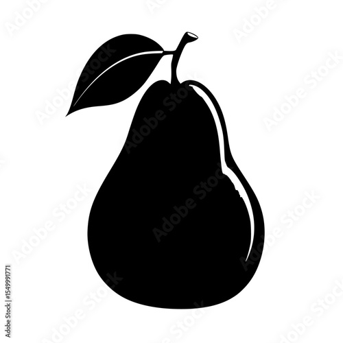a black and white silhouette of a pear with a leaf black, icon, illustration, leaf, pear, silhouette , Generative art.