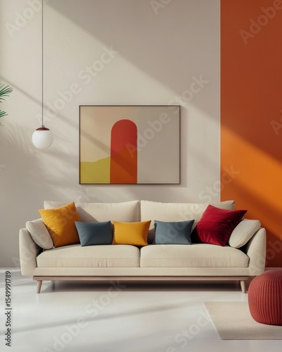 Modern Living Room Interior: A meticulously designed living room featuring a stylish sofa, colorful pillows, an abstract artwork, and a vibrant accent wall bathed in natural light.