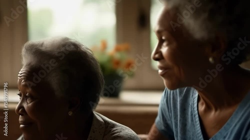 Elderly black women smiling and talking together at home  