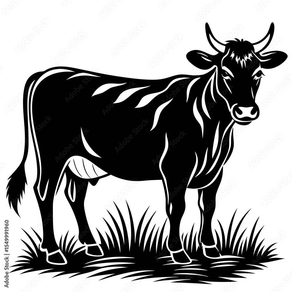 Fototapeta premium Black and white cow standing in grass isolated on white background