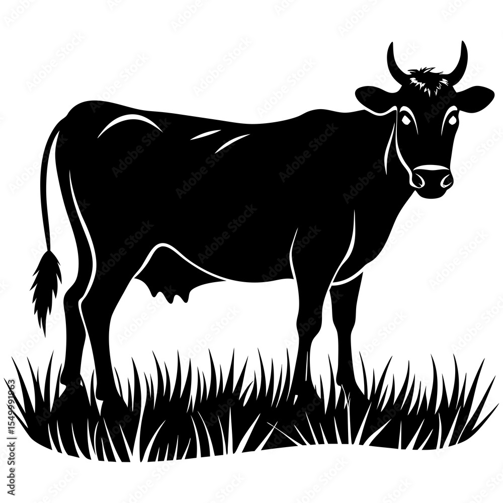 Fototapeta premium Black and white cow standing in grass isolated on white background