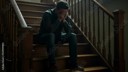 A young man sits on the stairs and cries, clutching his head in his hands