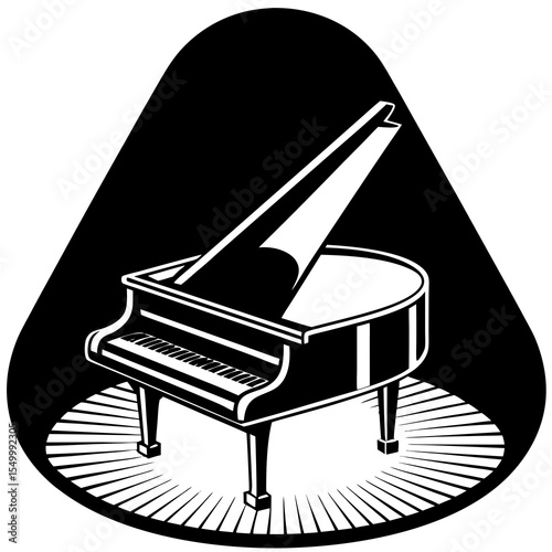 Grand piano stands on stage bathed in spotlight in black and white