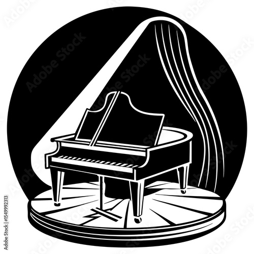 Grand piano stands on stage bathed in spotlight with draped fabric