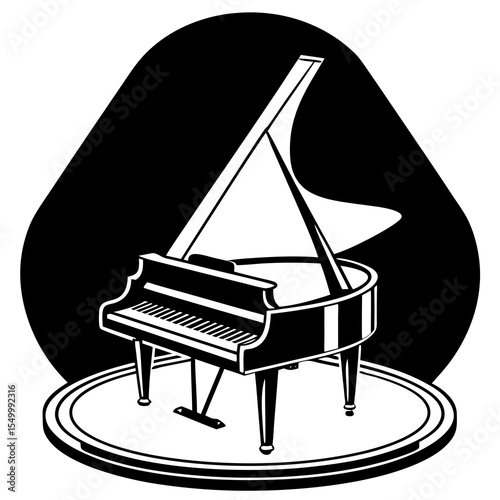 Grand piano stands on a round stage isolated on white background