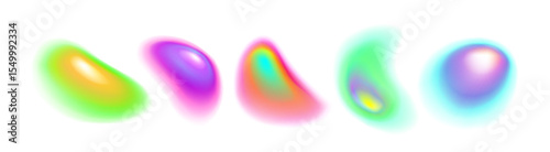 Vibrant gradient aura shapes collection - soft blurred colorful orbs with rainbow glow effects on white background for modern design, energy visualization or holographic artwork with light patterns.