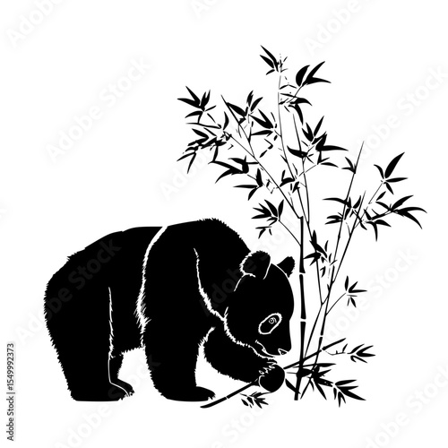 a black and white illustration of a bear eating a branch of bamboo from a tree bamboo, bear, black, branch, eat, illustration, panda, plant, silhouette, stand, tree , Generative art.