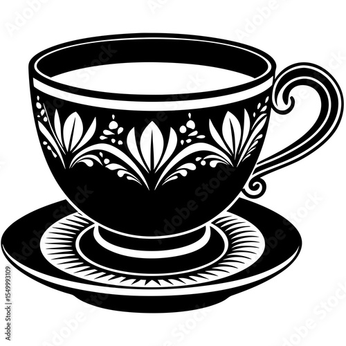 Elegant porcelain teacup with floral design isolated on white background