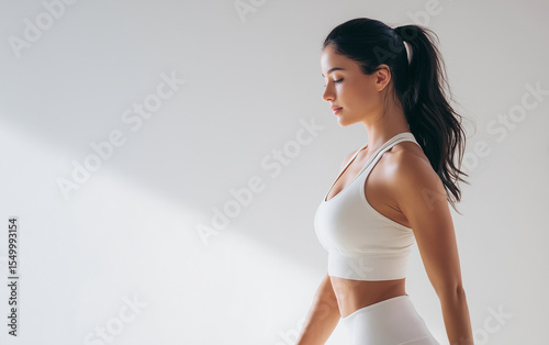 A beautiful woman in white leggings and a sports top is jogging in the morning, a full-body photograph, a full-length portrait, against a white background in a white room,