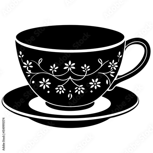 Elegant teacup with floral design isolated on white background
