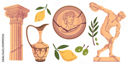 Ancient Greek doodle set with column, coin showing profile, discus thrower statue, ceramic amphora jug, yellow lemons and green olives. Textured Mediterranean antiquity symbols for historical design