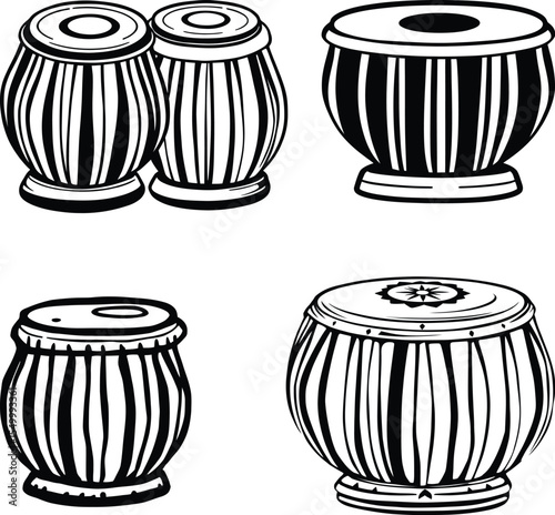 Tabla Silhouette Vector Set – Traditional Indian Drums in Artistic Black and White Styles