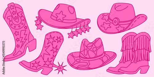 Pink disco cowgirl boots and hats set with stars, fringe details, western fashion accessories for party. Retro rodeo footwear decorated with lightning bolts, sparkles, vintage country style items.