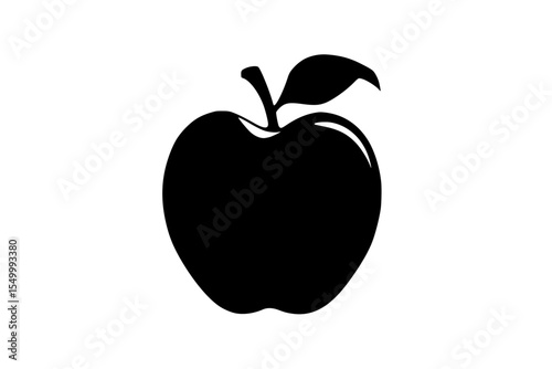a black silhouette of an apple with a leaf on a white background apple, black, icon, illustration, leaf, silhouette , Generative art.