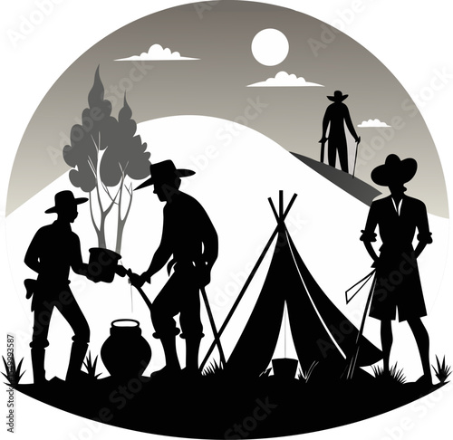 "Group of pioneers setting up camp silhouette"

 on a white background
