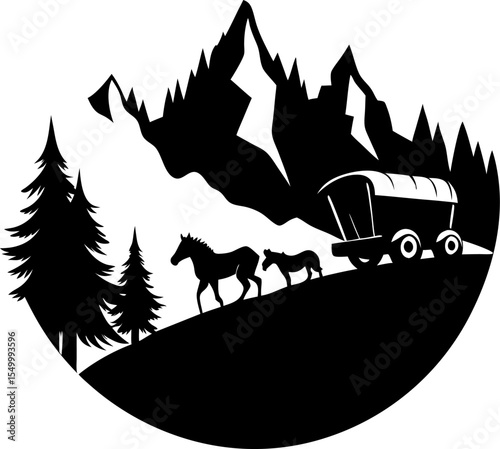 "Horse-drawn wagon crossing mountain pass silhouette" on a white background