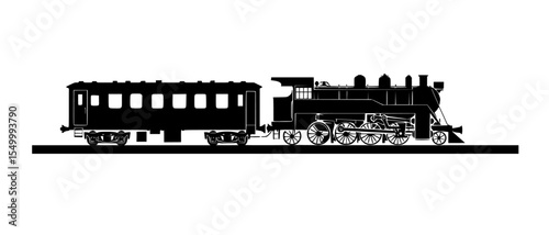 black silhouette of an old steam locomotive on a white background black, icon, old, silhouette, steam locomotive, train , Generative art.