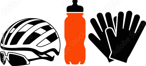 Cycling gear essentials helmet water bottle gloves for safe and comfortable bike rides outdoors sport equipment editable stock vector