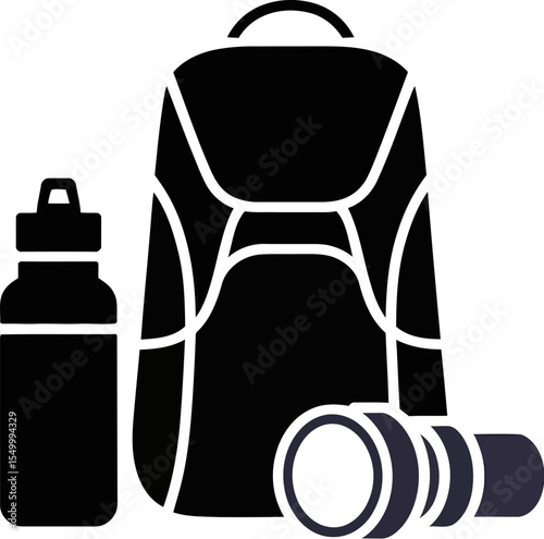 Adventure gear essentials backpack water bottle and flashlight for outdoor activities and exploration editable stock vector