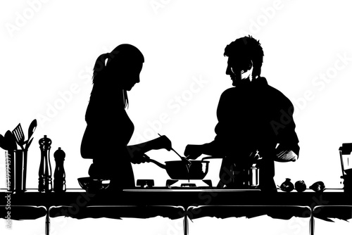 a black and white silhouette of a man and woman cooking food on a table black, cook, couple, food, man, meal, people, silhouette, stand, table, woman , Generative art.