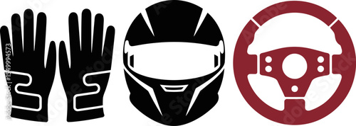 Racing gear essentials vector illustration: gloves, helmet, and steering wheel for motorsport enthusiasts editable stock vector