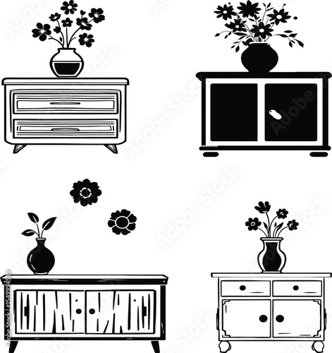 Decorative Furniture with Flower Vases Vector Set – Minimal Sideboards, Cabinets, and Dressers in Black and White