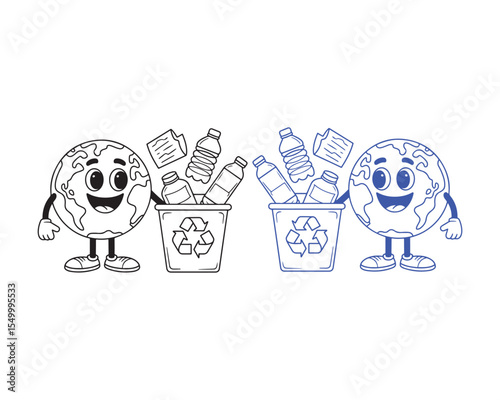 Happy Earth Character Recycling Plastic Bottles Paper