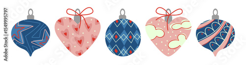 Pink and blue vintage xmas bauble ornaments with heart shapes, geometric patterns, ribbons. Classic Christmas decorations. Retro holiday collection for festive cards, seasonal design projects.
