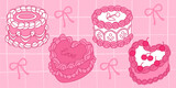 Vintage pink cakes with ribbons, bows and cherries on checkered background - coquette retro birthday desserts decorated with cream swirls and berries. Sweet bakery illustration.