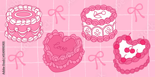 Vintage pink cakes with ribbons, bows and cherries on checkered background - coquette retro birthday desserts decorated with cream swirls and berries. Sweet bakery illustration.
