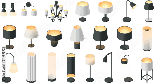Shop modern lighting fixtures: table lamps, floor lamps, ceiling lights and wall sconces for home decor editable stock vector