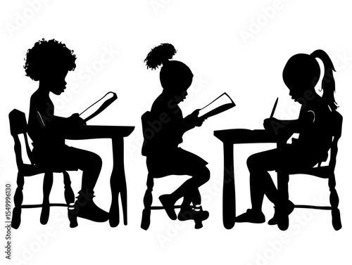 silhouette of a woman reading a book to a child at a table book, child, girl, read, silhouette, sit, table, woman , Generative art.