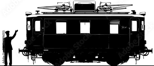 a black and white image of a person standing on an old train car black, image, man, old, person, silhouette, stand, train car, wave , Generative art.
